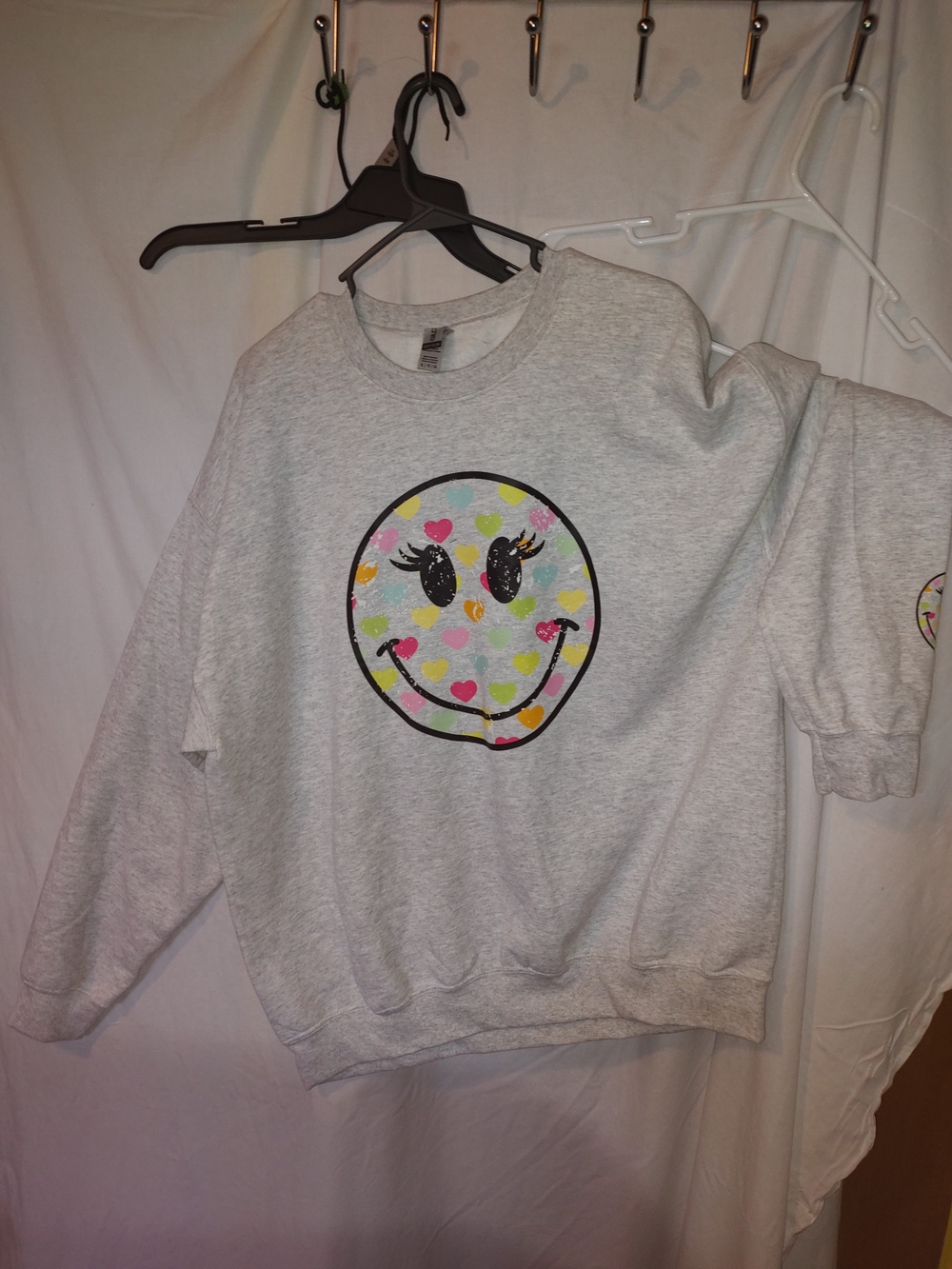 Gray Sweatshirt with Colorful Heart Smiley Graphic